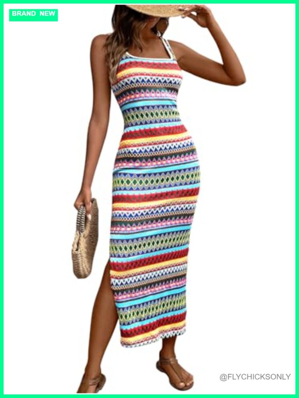 Women Summer Maxi Tank Dress Striped Square Neck Slim Fit Side Slit Boho